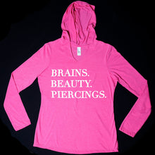 Load image into Gallery viewer, Brains Beauty &amp; Piercings Tapered Long Sleeve Hoodie
