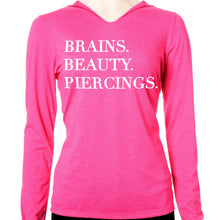 Load image into Gallery viewer, Brains Beauty &amp; Piercings Tapered Long Sleeve Hoodie
