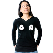 Load image into Gallery viewer, Halloween Glow in the Dark Ghost Boobies Tee Tapered Long Sleeve Hoodie
