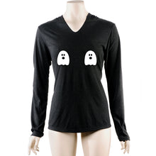 Load image into Gallery viewer, Halloween Glow in the Dark Ghost Boobies Tee Tapered Long Sleeve Hoodie
