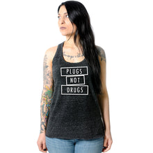 Load image into Gallery viewer, Plugs Not Drugs Black Gray Cosmic Twist Back Tank Top
