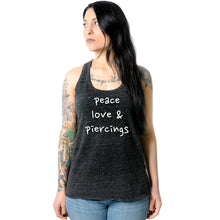 Load image into Gallery viewer, Peace Love &amp; Piercings Black Gray Cosmic Twist Back Tank Top
