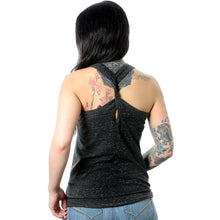 Load image into Gallery viewer, Pierced &amp; Pretty Black Gray Cosmic Twist Back Tank Top
