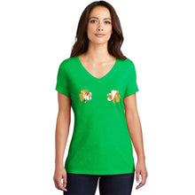 Load image into Gallery viewer, Lucky Gold Shamrocks Green Frost V-Neck Boobies Tee Shirt
