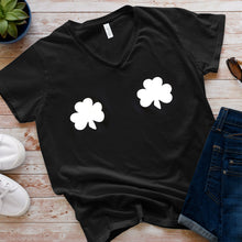 Load image into Gallery viewer, Lucky Glow in the Dark Shamrocks Black V-Neck Boobies Tee Shirt
