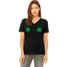 Load image into Gallery viewer, Lucky Green Shamrocks Black V-Neck Boobies Tee Shirt
