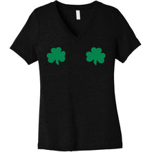 Load image into Gallery viewer, Lucky Green Shamrocks Black V-Neck Boobies Tee Shirt
