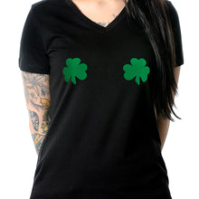 Load image into Gallery viewer, Lucky Green Shamrocks Black V-Neck Boobies Tee Shirt
