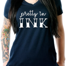 Load image into Gallery viewer, Pretty in Ink Navy Tapered V-Neck Tee Shirt
