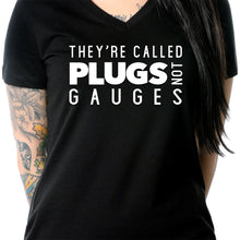 Load image into Gallery viewer, They're Called Plugs NotGs Black Tapered V-Neck Tee Shirt
