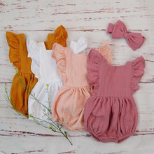 Load image into Gallery viewer, Cotton Baby Girl Double Ruffle Romper Jumpsuit with Headband  Playsuit For Newborn With Bow

