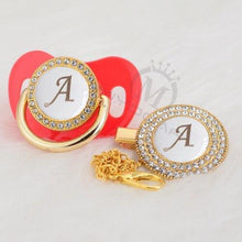 Load image into Gallery viewer, Luxury Modern Diamond Pacifier and Chain Gold Set With Initials Letter White Elegant A Beautiful Pacifier and Pacifier lip

