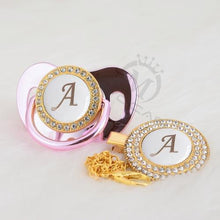 Load image into Gallery viewer, Luxury Modern Diamond Pacifier and Chain Gold Set With Initials Letter White Elegant A Beautiful Pacifier and Pacifier lip
