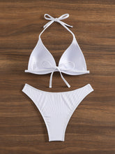 将图片加载到图库查看器，Bikini Rib Knit Solid Color Triangle 2 Piece Swimsuit for Women – Adjustable Tie Back Halter Bikini Set with Spaghetti Straps – High Stretch Polyester Swimwear for Summer Beachwear Poolside Relaxation and Tropical Vacation
