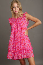 Load image into Gallery viewer, Pink Full Size Smocked Detail Floral Ruffle Cap Sleeve Dress Plus Size Glamorous &amp; Feminine Dress
