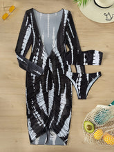 将图片加载到图库查看器，Horizon Haze 3-Piece Tie Dye Bandeau Bikini Set for Women – Strapless Tube Top with Long Sleeve Semi-Sheer Cover-Up Dress for Summer – Artistic Stripe Print Swimwear Ensemble for Bold Summer Fashion
