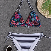 Load image into Gallery viewer, Sunset Bloom 2-Piece Triangle Bikini Set for Women – Vibrant Random Floral Print Halter Neck Swimsuit with Tie-Back Tie-Side Bottoms &amp; High Cut Legs – Women's High-Stretch Swimwear for Summer Beach Escapes
