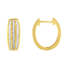 将图片加载到图库查看器，10K Yellow Gold 3/4 Cttw Pave and Channel Set Diamond Triple Row Modern Hoop Earrings (I-J Color, I2-I3 Clarity)
