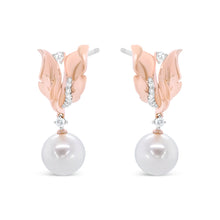 Load image into Gallery viewer, 14K Rose Gold 1/6 Cttw Round Diamond and 8mm Round Pearl Floral Drop Stud Earrings (H-I Color, I1-I2 Clarity)
