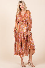 Load image into Gallery viewer, Flower Print Satin Lurex Stripe Smocked Midi Summer Dress – Elegant Midi Dress, Satin Lurex Dress, Floral Dress, Smocked Waist Dress, Romantic Midi Dress, Special Occasion Dress
