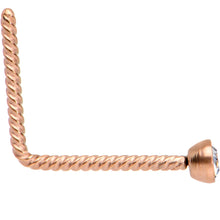 Load image into Gallery viewer, Clear 2mm Gem Inlay Rose Gold IP So Twisted L Shaped Nose Ring
