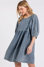 Load image into Gallery viewer, Washed Round Neck Puff Sleeve Denim Dress – Casual, Vintage-Inspired, Comfortable &amp; Chic, Effortlessly Stylish, Classic Denim Dress
