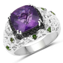 Load image into Gallery viewer, 3.27 Carat Genuine Amethyst, Chrome Diopside &amp; Black Diamond .925 Sterling Silver Ring
