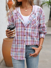 将图片加载到图库查看器，Plaid Buttoned Long Sleeve Hooded Jacket for Women – Cozy &amp; Stylish Cotton-Blend Outerwear
