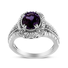 Load image into Gallery viewer, .925 Sterling Silver Prong Set Natural Oval Shape 9X7 MM Purple Amethyst Solitaire and Diamond Accent Ring (I-J Color, I1-I2 Clarity) - Ring Size 7
