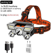 Load image into Gallery viewer, Adjustable USB Rechargeable Torch Lamp Built-in Battery 5 Led Strong Headlight Waterproof  Rechargeable Super Bright Head-Mounted Flashlight For Outdoor Night Camping
