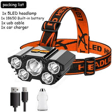 Load image into Gallery viewer, Adjustable USB Rechargeable Torch Lamp Built-in Battery 5 Led Strong Headlight Waterproof  Rechargeable Super Bright Head-Mounted Flashlight For Outdoor Night Camping
