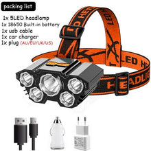 Load image into Gallery viewer, Adjustable USB Rechargeable Torch Lamp Built-in Battery 5 Led Strong Headlight Waterproof  Rechargeable Super Bright Head-Mounted Flashlight For Outdoor Night Camping
