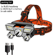 Load image into Gallery viewer, Adjustable USB Rechargeable Torch Lamp Built-in Battery 5 Led Strong Headlight Waterproof  Rechargeable Super Bright Head-Mounted Flashlight For Outdoor Night Camping
