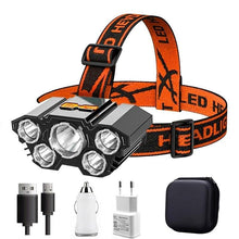 Load image into Gallery viewer, Adjustable USB Rechargeable Torch Lamp Built-in Battery 5 Led Strong Headlight Waterproof  Rechargeable Super Bright Head-Mounted Flashlight For Outdoor Night Camping
