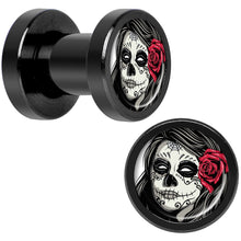 Load image into Gallery viewer, Katrina Sugar Skull Rose Flower Black Anodized Screw Fit Plug Set 4G

