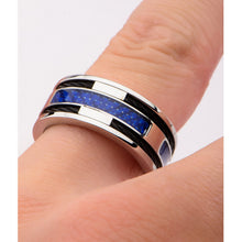 Load image into Gallery viewer, Mens Blue Carbon Fiber with Black Cable Steel Inlayed Stainless Steel Ring
