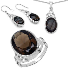 Load image into Gallery viewer, 26.52 Carat Genuine Smoky Quartz .925 Sterling Silver Ring, Pendant and Earrings Set
