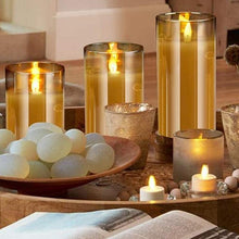 Load image into Gallery viewer, Amber Glass LED Flameless Candles Real Pillar Wax Flickering Moving Wick Effect Gold Halloween Glass Candle Set with Remote Control Cycling Timer Flickering With Remote Battery Operated For Wedding Festival Decorations Gift
