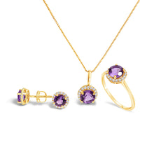 Load image into Gallery viewer, 10K White Gold Purple Amethyst and 3/8 Cttw Diamond Halo Jewelry Set (Earrings, Pendant &amp; Ring)
