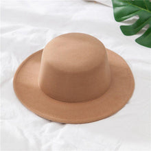 Load image into Gallery viewer, Autumn Winter Polyester Flat Top Hat For Women's Luxury Wide Fedora Hat Jazz Cap Classic Wide Hat Women Comfortable Elegant Hat For Summer Classic Design
