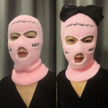 将图片加载到图库查看器，Autumn Winter Ski Mask 3-Hole Knit Hat Full Face Cover Balaclava Hats Funny Party Embroidery Beanies Caps Hole Knitted Full Face Cover Ski Neck Gaiter, Winter Balaclava Warm Knit Beanie for Outdoor Sports Outdoor Full Face Cover Thermal Ski Mask One Size
