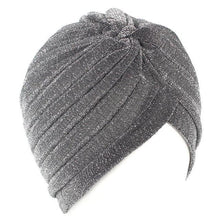 将图片加载到图库查看器，Autumn Winter Warm Headwear Soft Shine Silver Gold Lightweight Knot Twist Turban Headbands Cap Casual Streetwear Hats For Women

