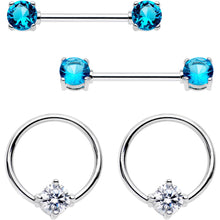 将图片加载到图库查看器，5/8 Blue Clear Gem Captive Ring Straight Barbell Nipple Ring Set
