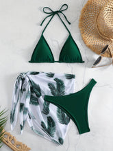 Load image into Gallery viewer, Feather Luxe 3-Piece Bikini Set – Exotic Feather Print Halter Neck Backless Swimsuit with High Cut Tie Back Bottoms and Wrap Cover-Up – Women’s High-Stretch Comfortable Swimwear for Summer Beach &amp; Pool Vacations
