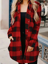 Load image into Gallery viewer, Deep Red Plaid Collared Neck Snap-Down Long Sleeve Jacket – Classic &amp; Trendy Outerwear with Pockets
