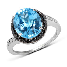 Load image into Gallery viewer, 5.48 Carat Genuine Swiss Blue Topaz, Black Diamond and White Diamond .925 Sterling Silver Ring
