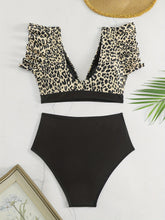 Load image into Gallery viewer, Bikini Black Solid Color Ruffle V Neck 2 Piece Swimsuit for Women – High Waisted Flattering Bikini Set with Lettuce Trim Bottoms – Sleek Stretchy Fabric Swimwear for Beach Days Poolside Style and Summer Vacation Looks
