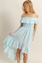 Load image into Gallery viewer, High-Low Eyelet Ruffled Off-Shoulder Dress For Summer – Fluttering, Flirty and Feminine Off-Shoulder Dress with Eyelet Detailing and High-Low Hem
