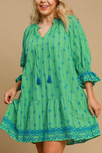 Load image into Gallery viewer, Full Size Tassel Embroidered Sleeve Mini Dress Plus Size Feminine &amp; Stylish Green Dress
