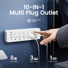 Load image into Gallery viewer, 10-in-1 Multi-Outlet Power Strip – 6 AC, 3 USB-A, 1 Type-C
